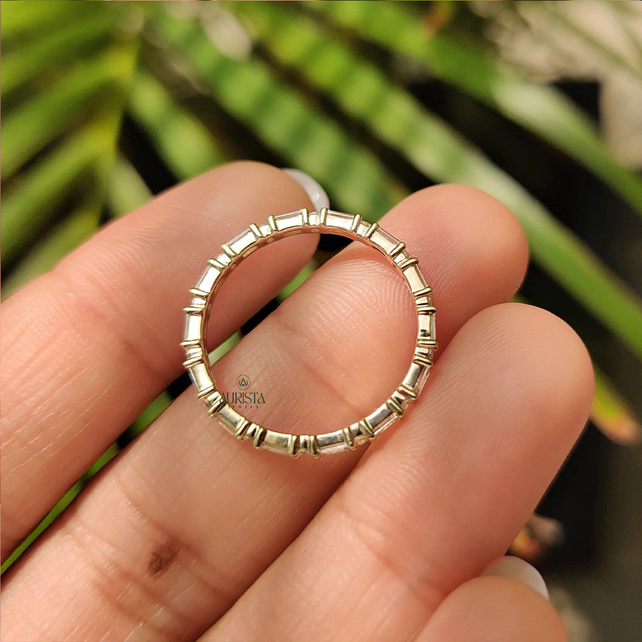 Baguette and Round Moissanite Diamond Alternating Full Eternity Stackable Wedding Band