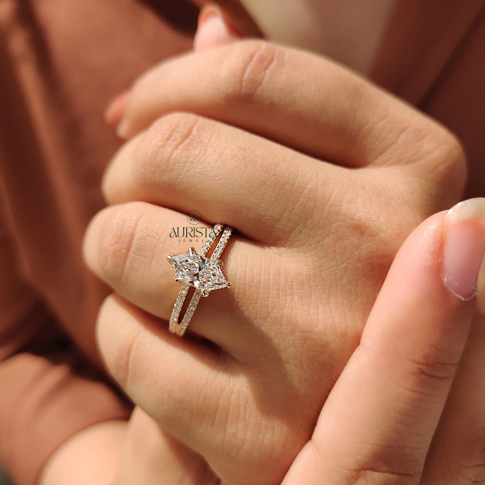 Aurielle Marquise Cut Diamond Ring with Double Pave Band