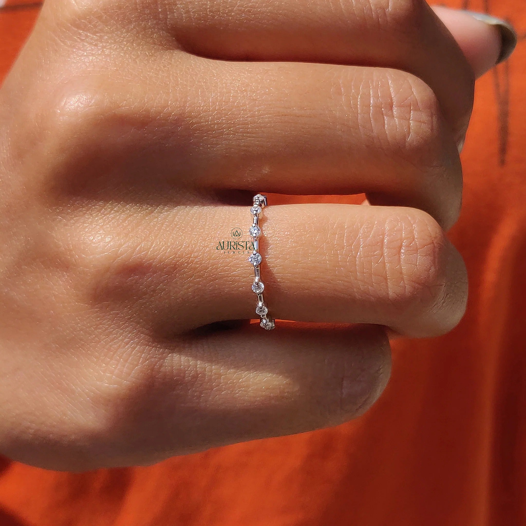 Dainty Moissanite and Diamond Station Band - Minimalist Stackable Wedding Ring
