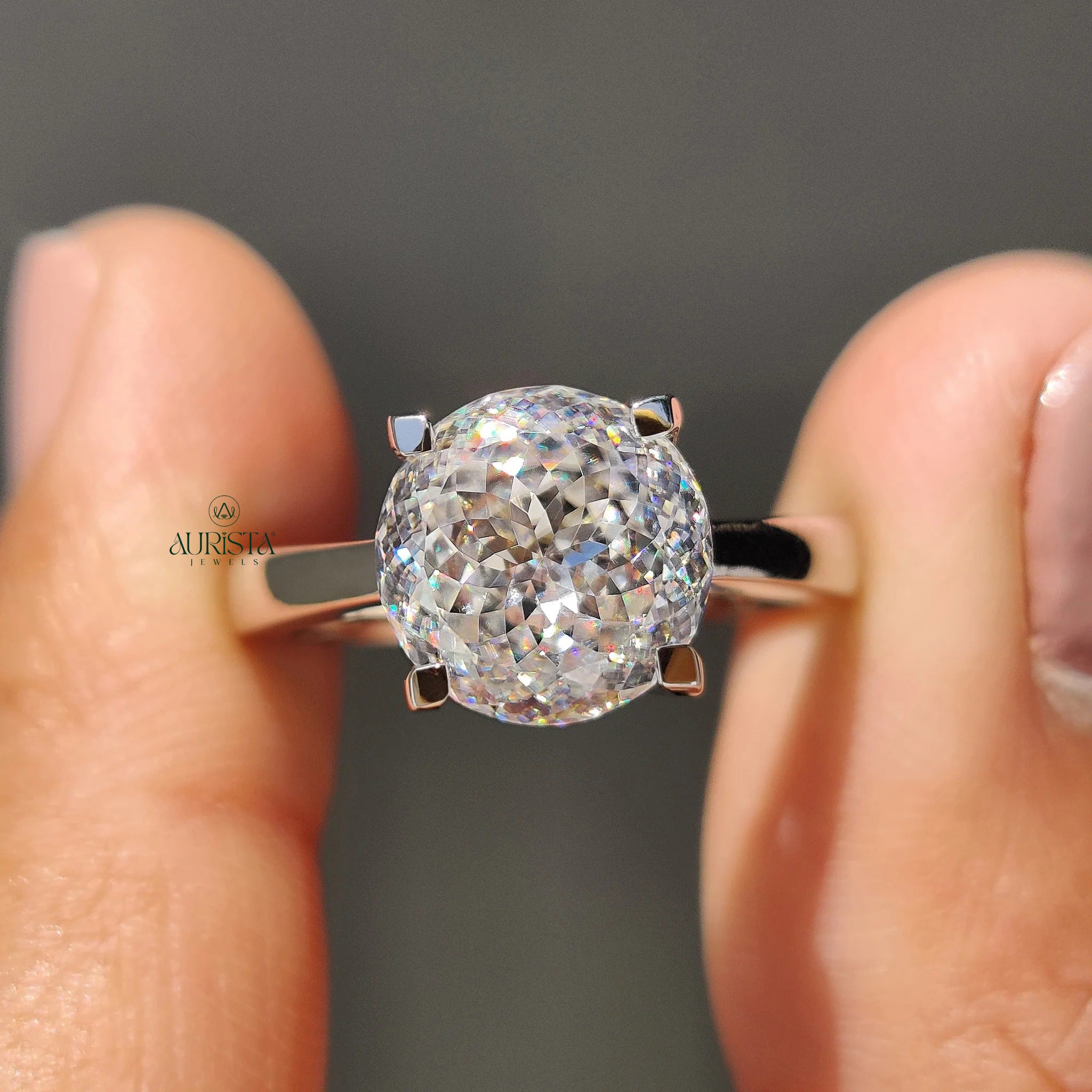 Portuguese Cut Moissanite Solitaire Engagement Ring Minimalist White Gold Band