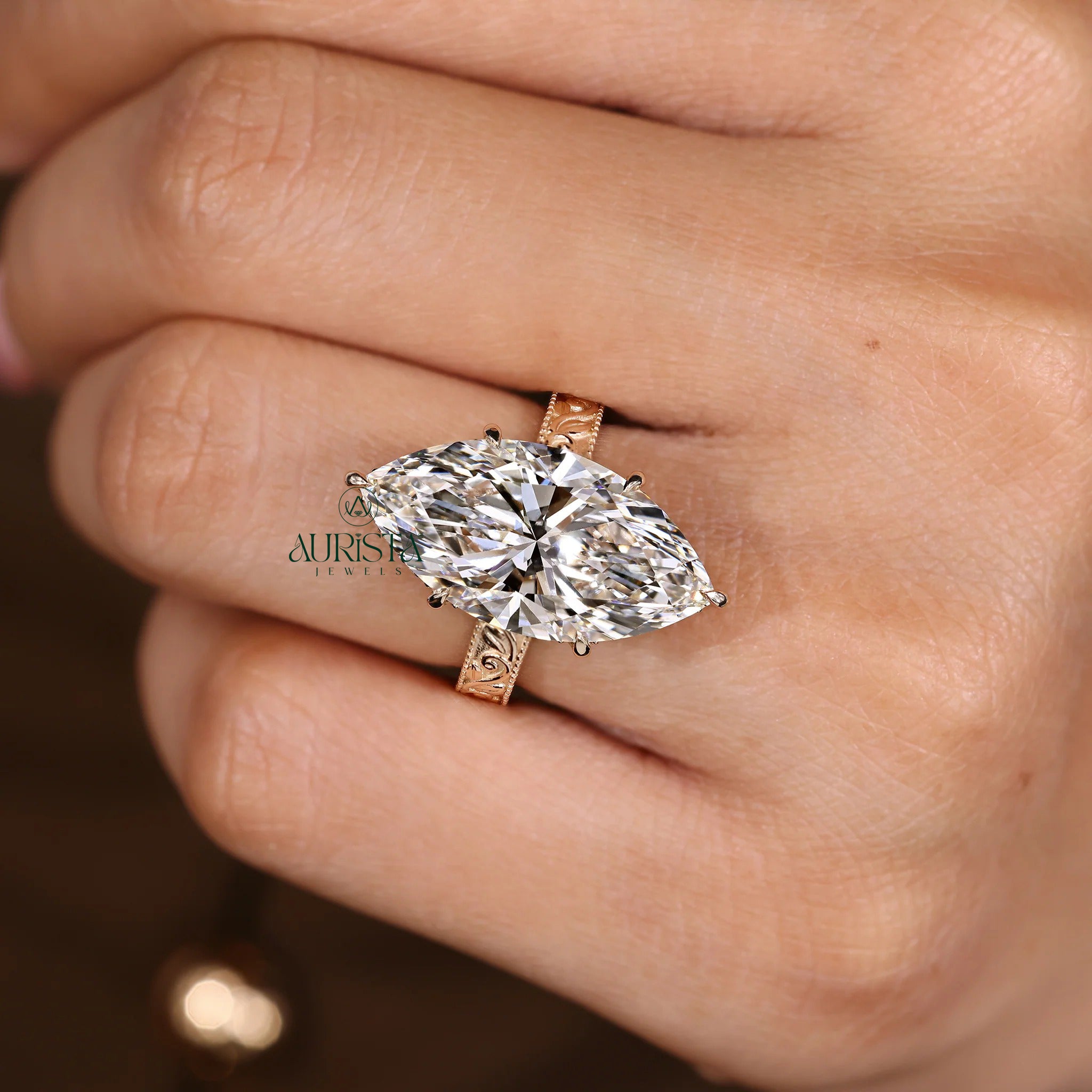 10 Carat Marquise Cut Diamond Solitaire Ring with Vintage Engraved Band