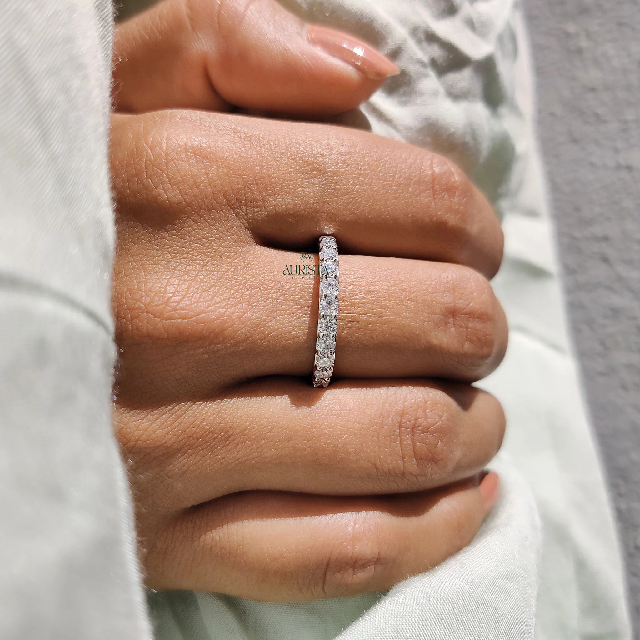 Round Cut Moissanite Diamond Full Eternity Band Minimalist Stackable Wedding Ring