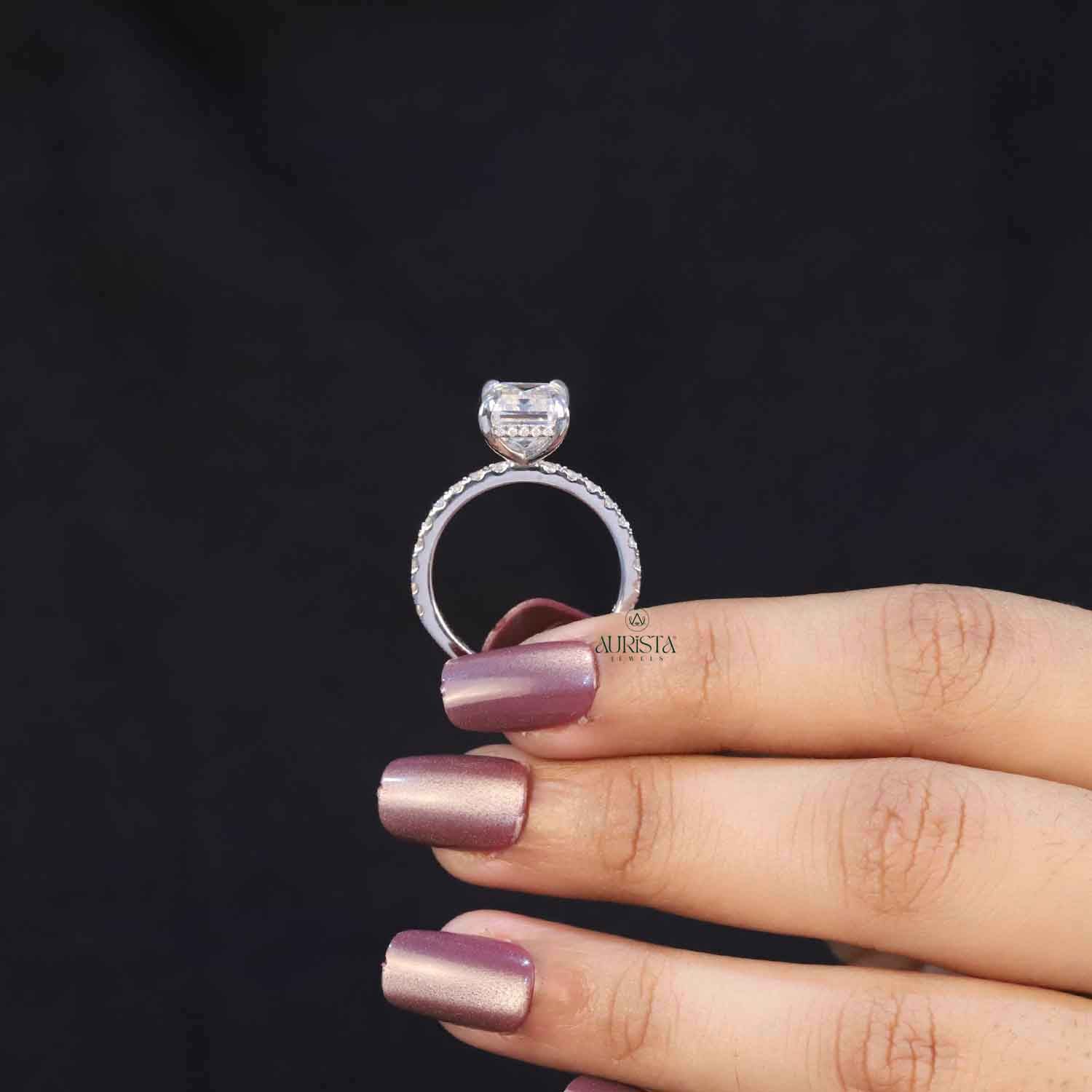 Emerald Cut Lab Grown Diamond Engagement Ring, Pavé Wedding Ring
