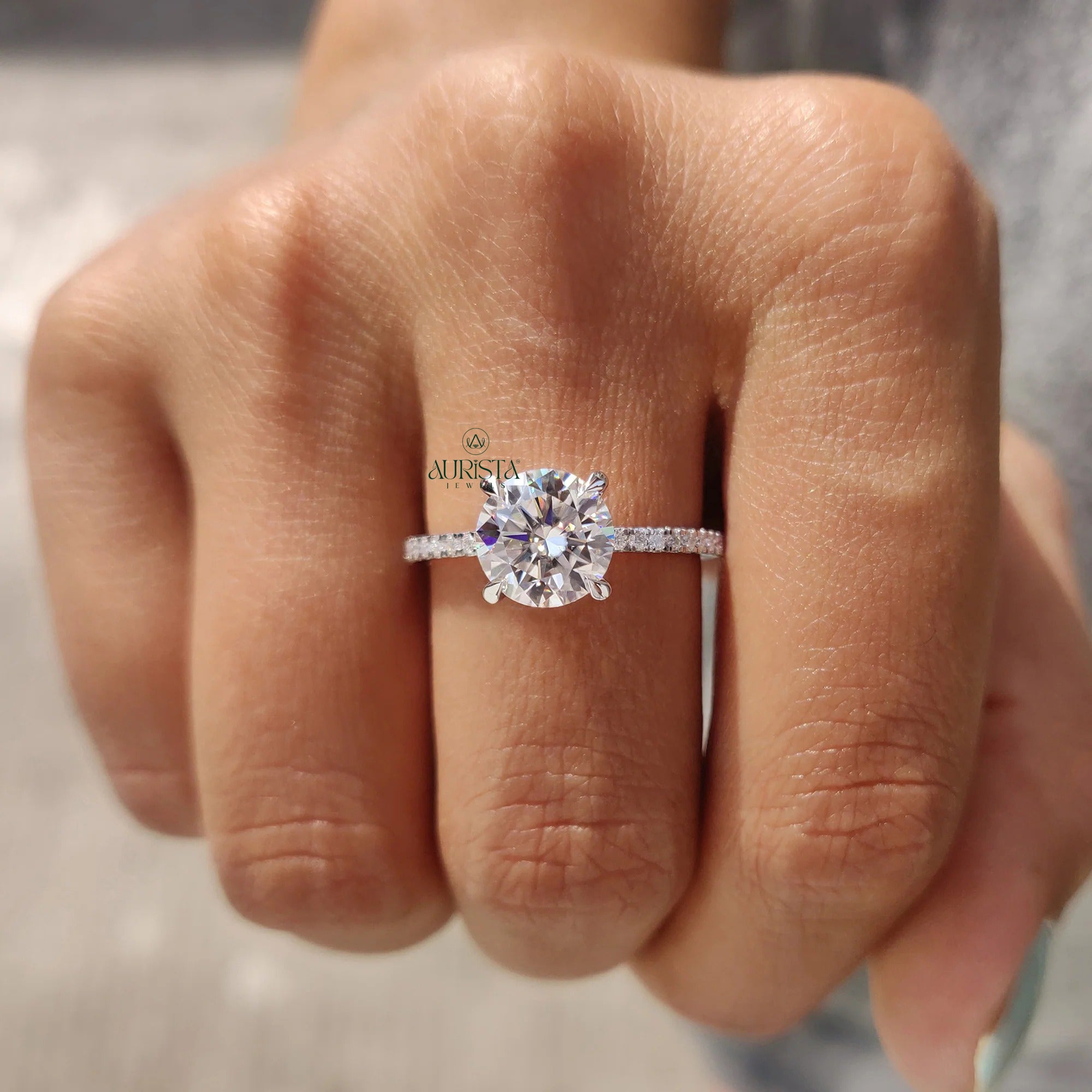 Round Cut Moissanite Engagement Ring with Diamond Pave Band in White Gold