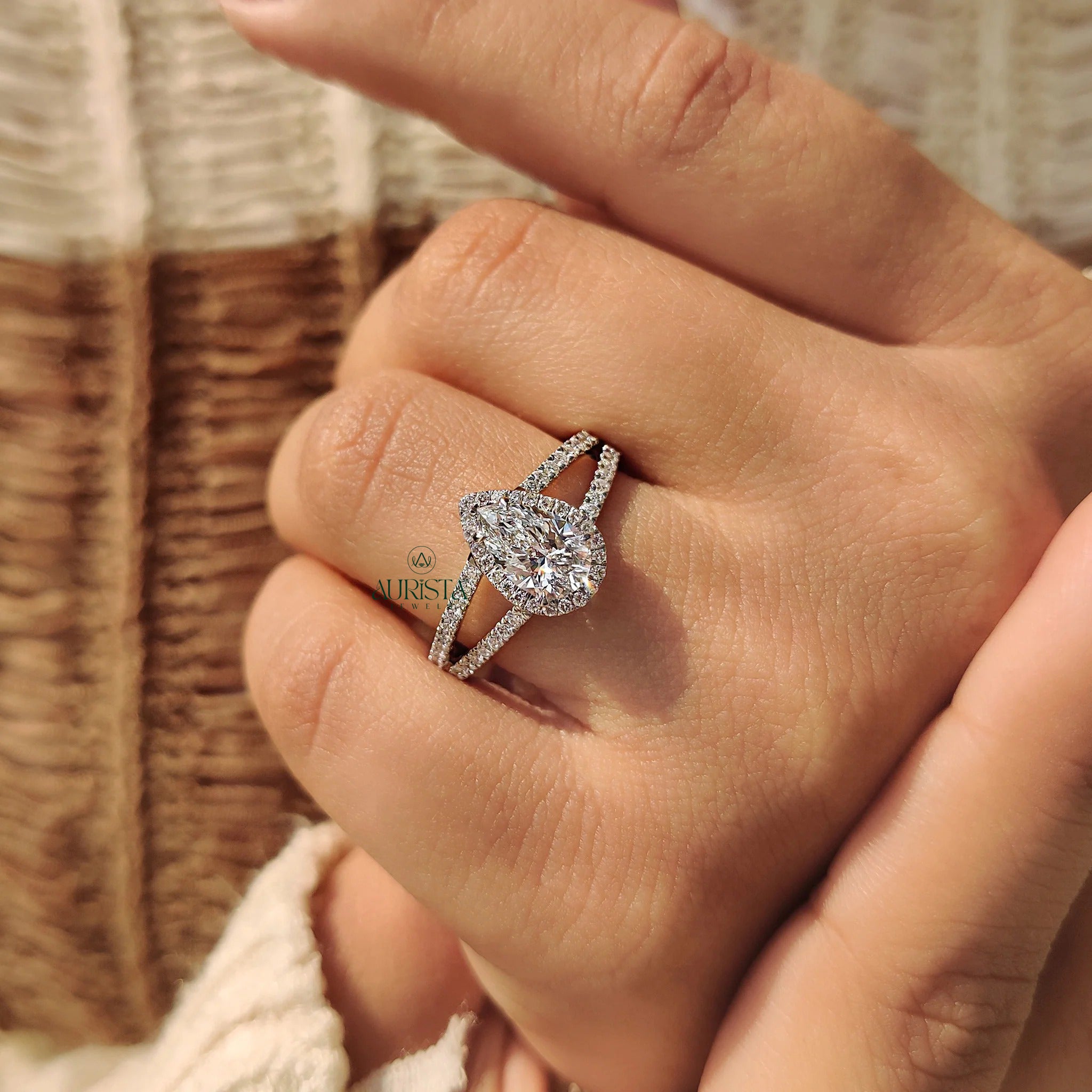 Pear Brilliant Stone Ring with Split Shank Pave Band