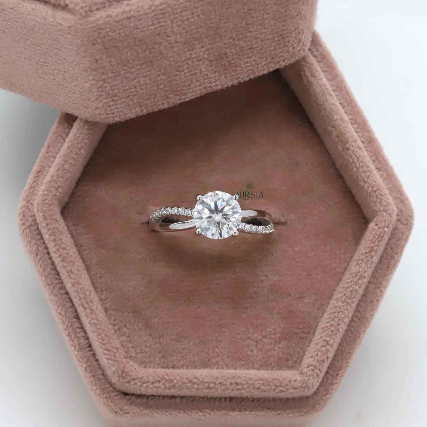 Round Cut Lab Grown Diamond Twist Ring, Pavé Engagement Wedding Ring
