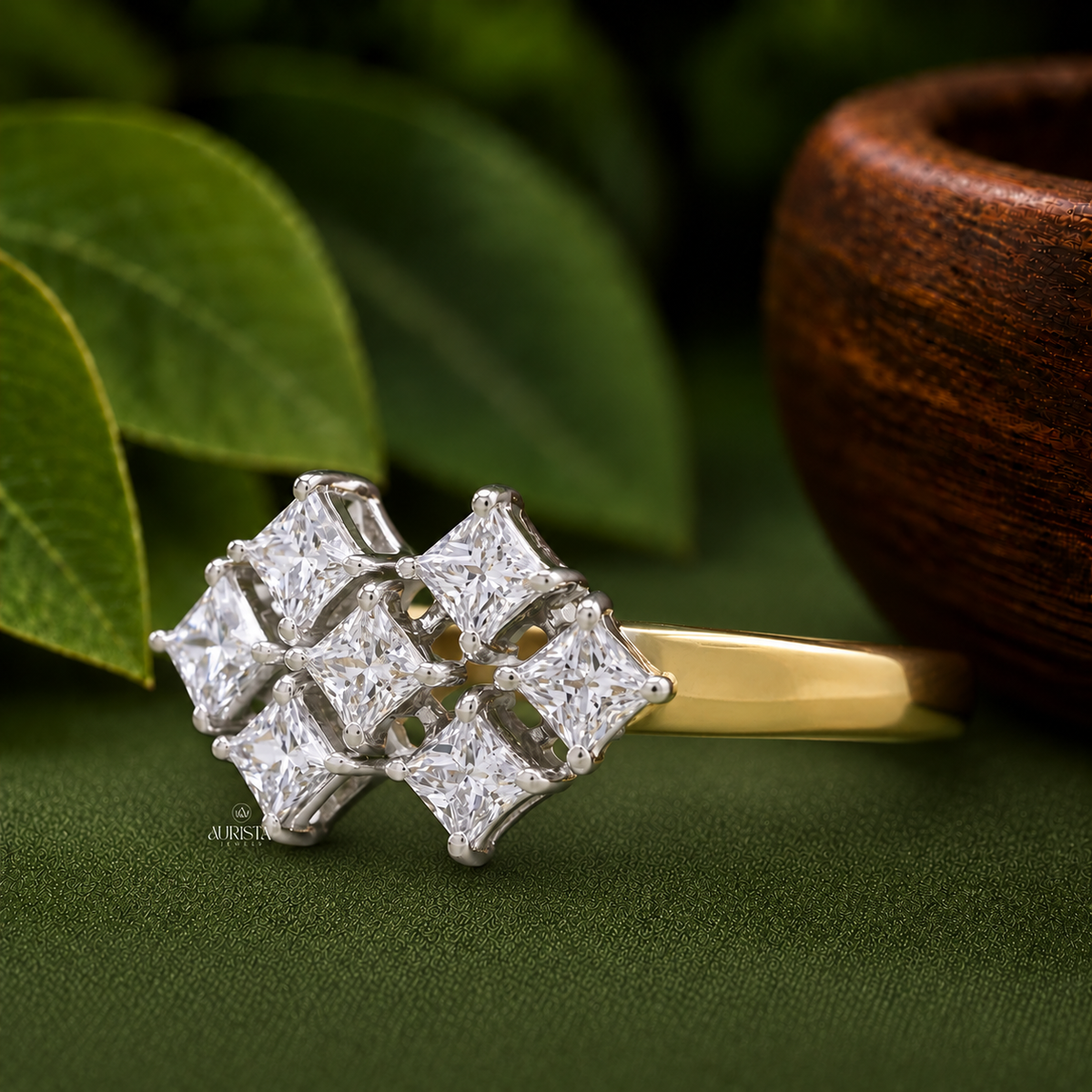 Princess Cut Lab Grown Diamond Cluster Ring, Unique Geometric Statement Wedding Band