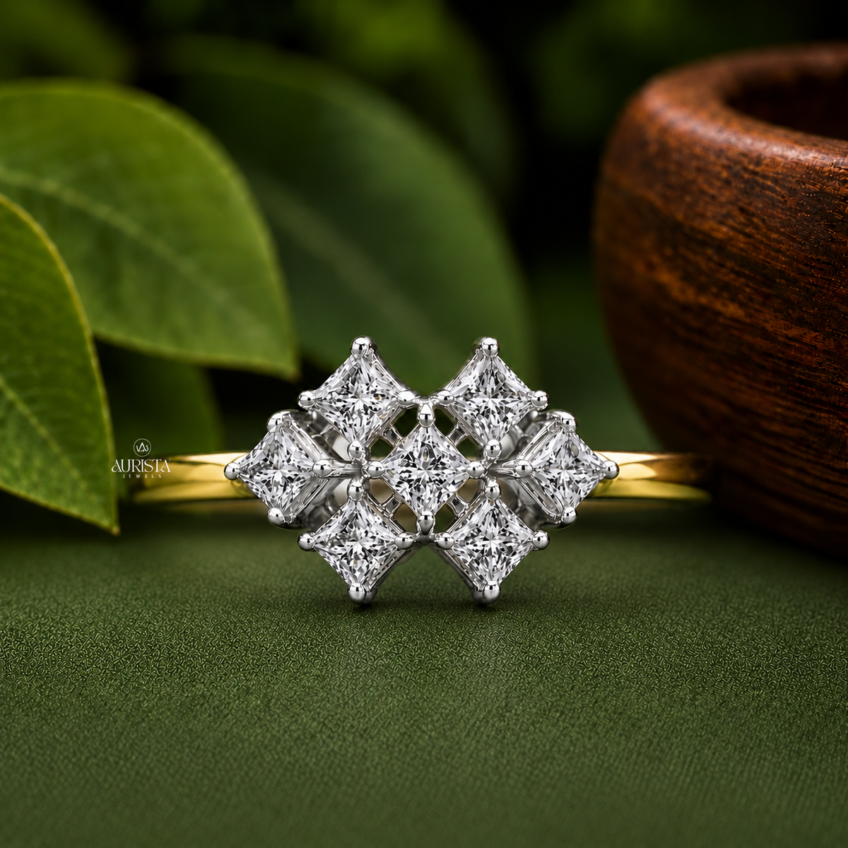 Princess Cut Lab Grown Diamond Cluster Ring, Unique Geometric Statement Wedding Band