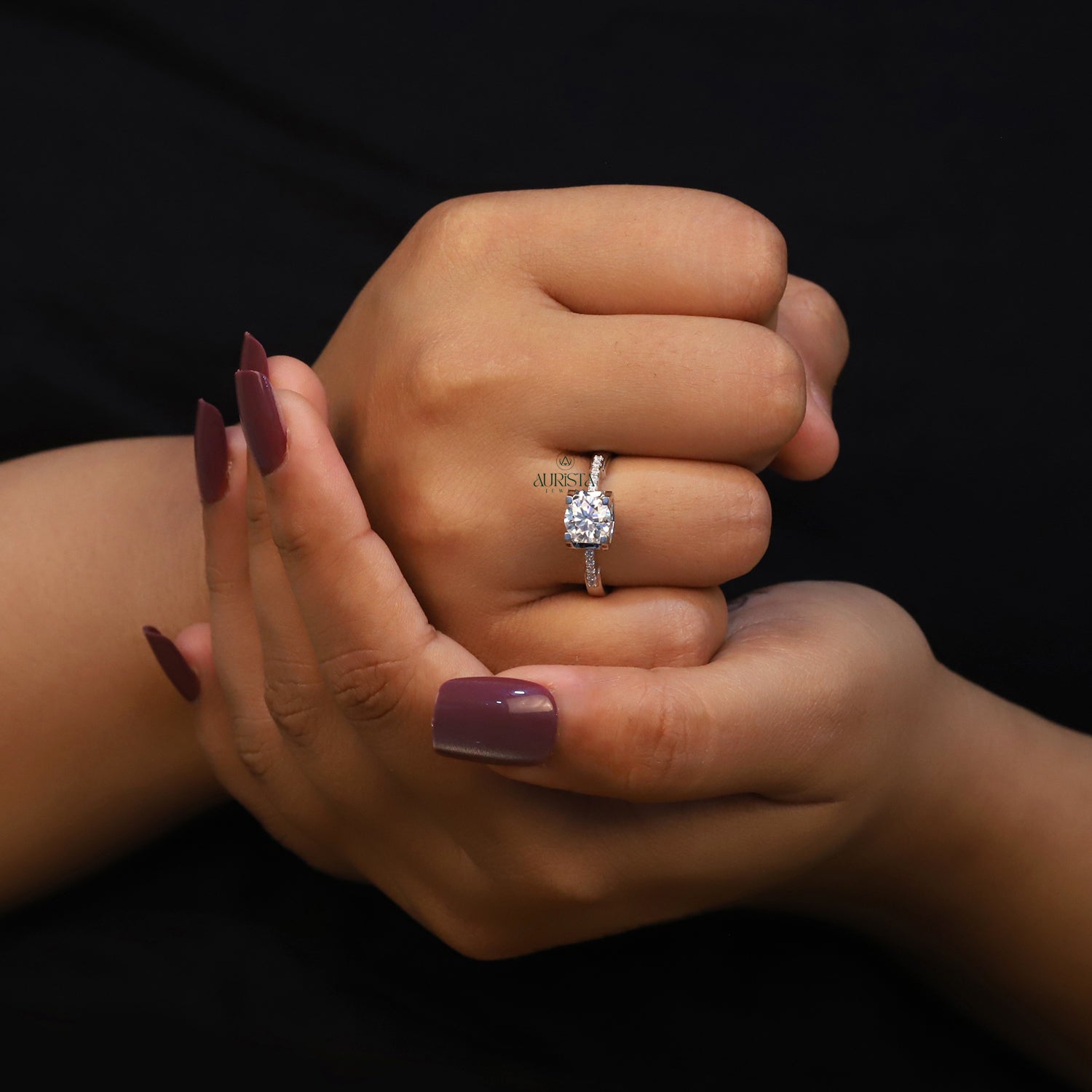 Round Cut Lab Grown Diamond Engagement Ring, Solitaire Ring With Pavé Band