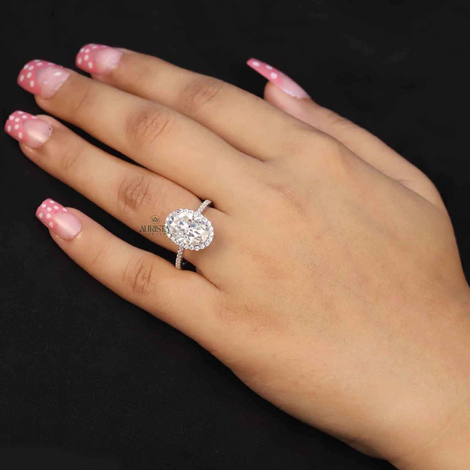 Oval Cut Lab Grown Diamond Halo Engagement Ring, Pavé Wedding Band