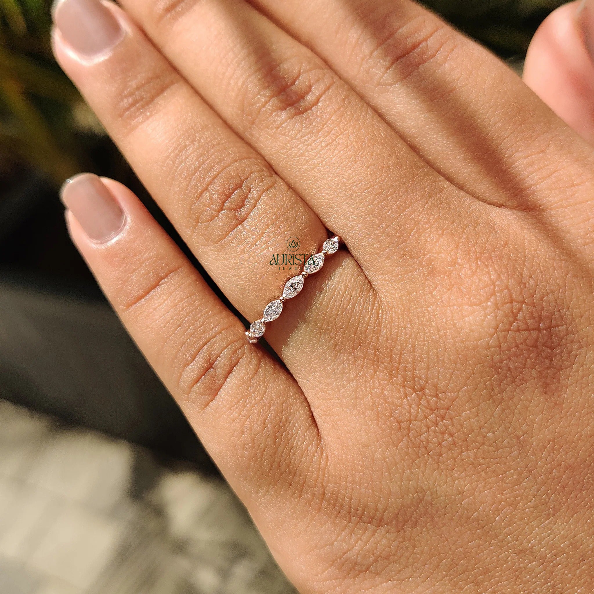 Horizontal Marquise Moissanite Diamond Full Eternity Wedding Band Yellow Gold Ring