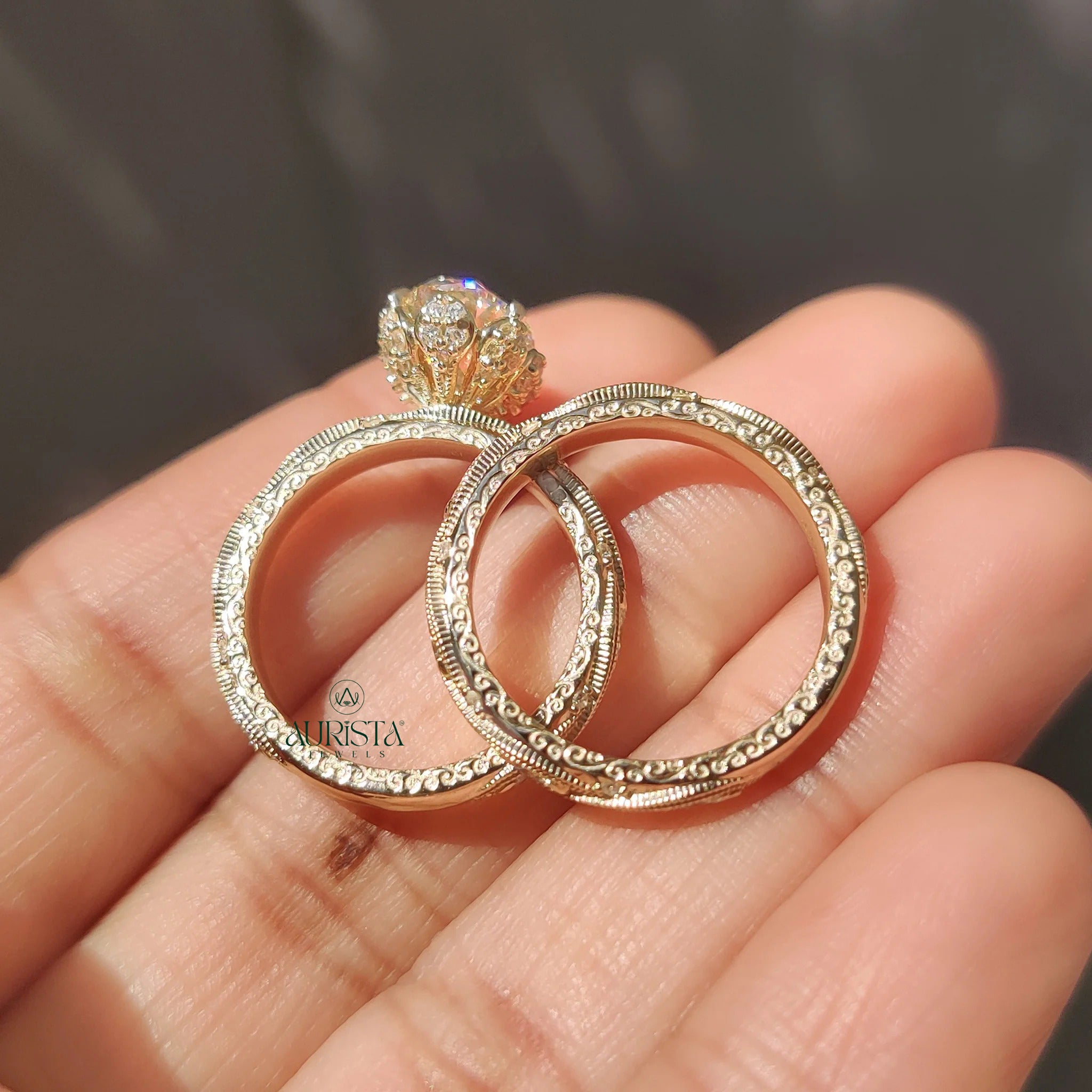Vintage Oval Diamond Bridal Set - Antique Milgrain Marquise Band Ring