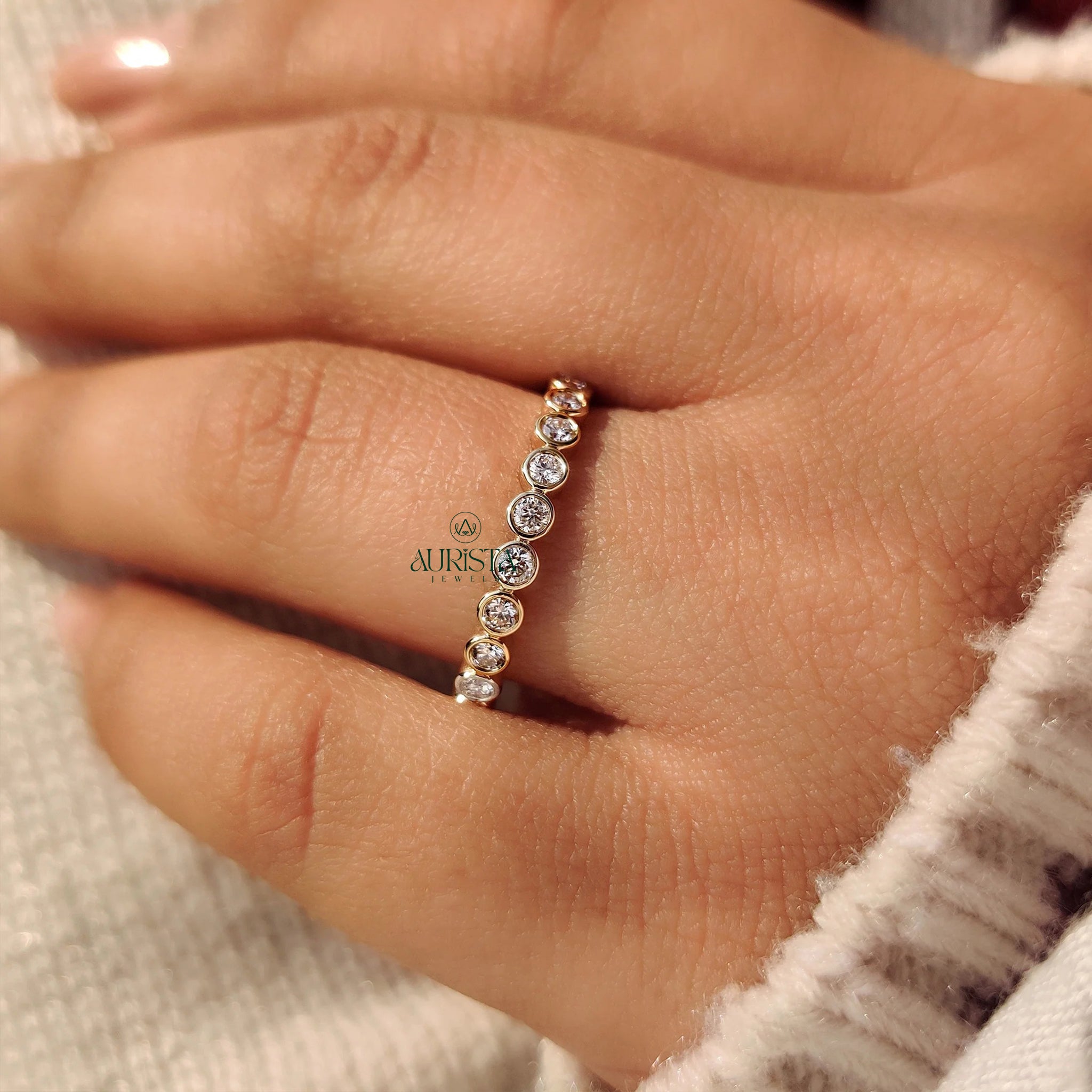 Bezel Set Moissanite Diamond Eternity Band, Round Gold Stackable Wedding Ring for Her