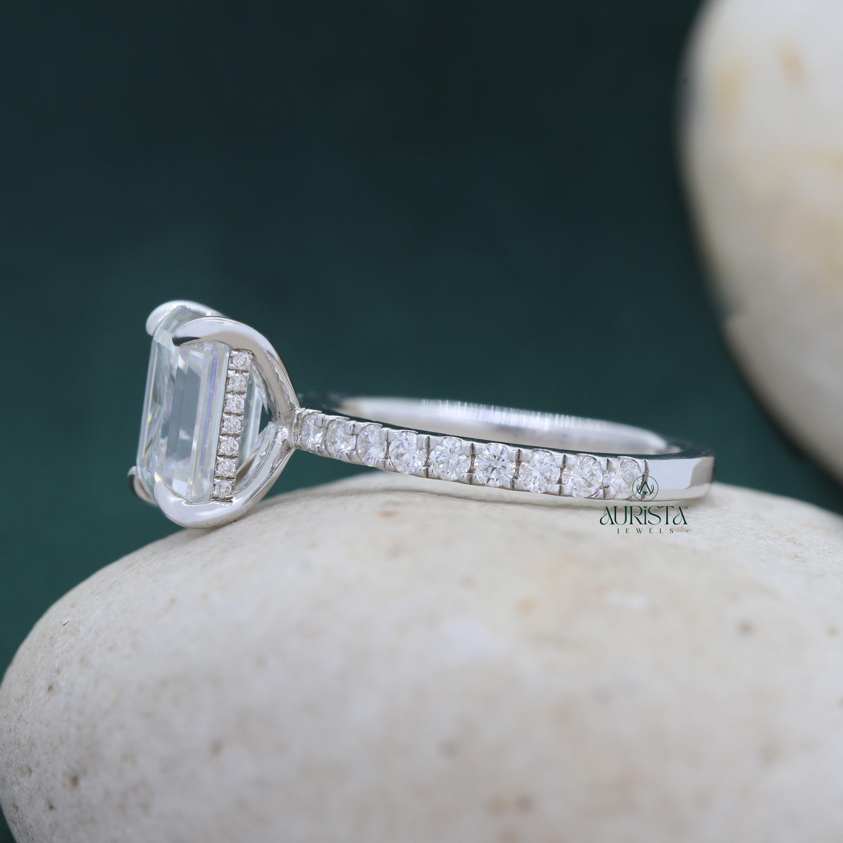 Emerald Cut Lab Grown Diamond Engagement Ring, Pavé Wedding Ring