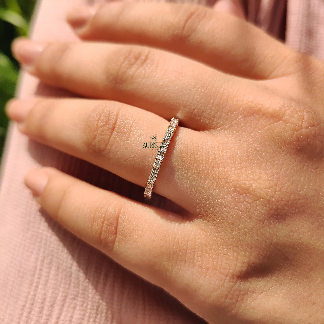 Baguette and Round Moissanite Diamond Alternating Full Eternity Stackable Wedding Band