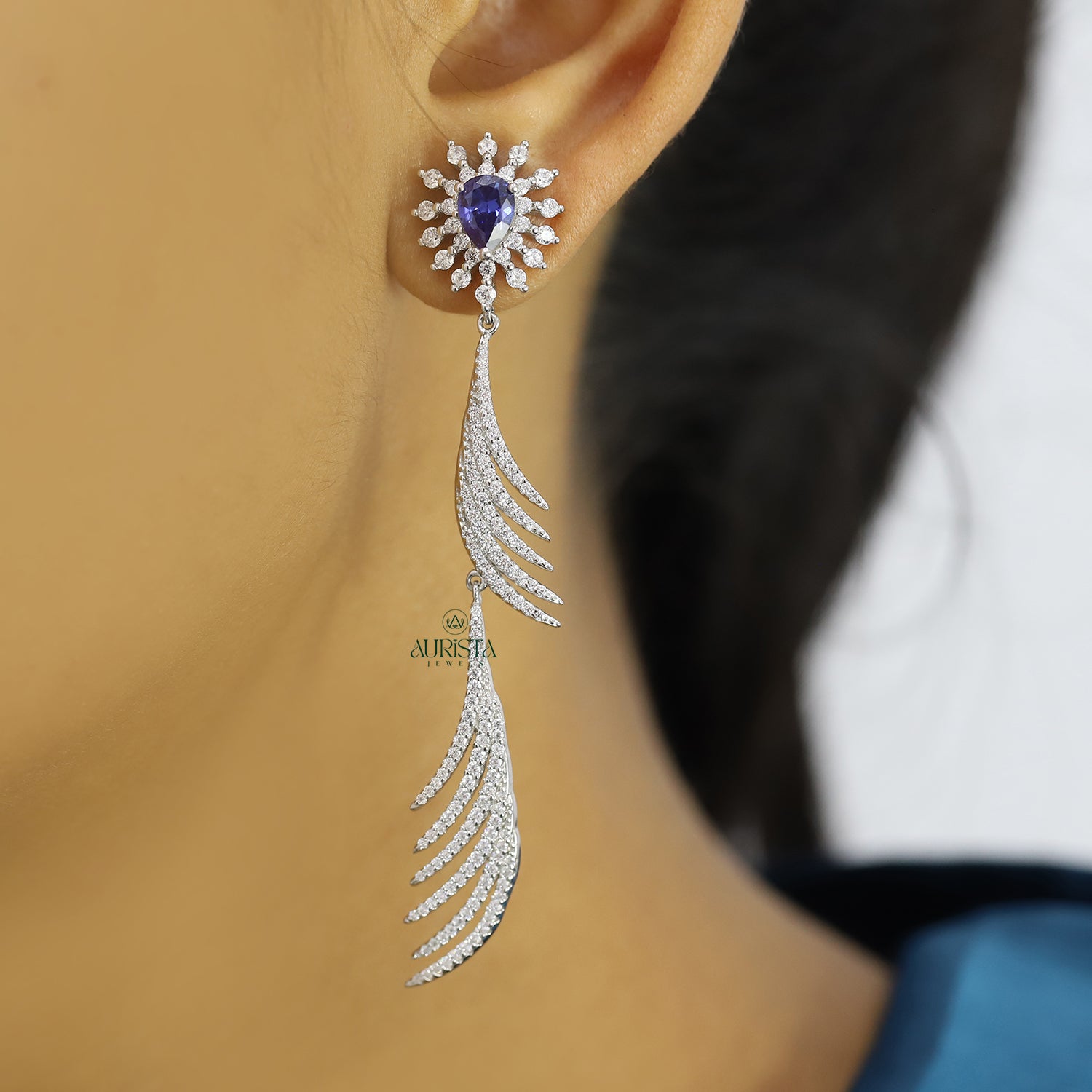 Unique Blue Pear Stone Necklace Wing Style Moissanite Statement Fine Jewelry