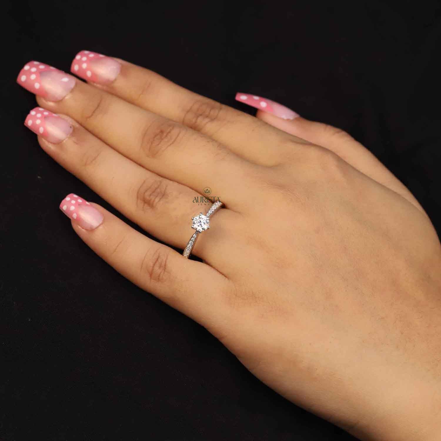 Round Cut Lab Grown Diamond ,  Side Stone,White Gold, Engagement Ring
