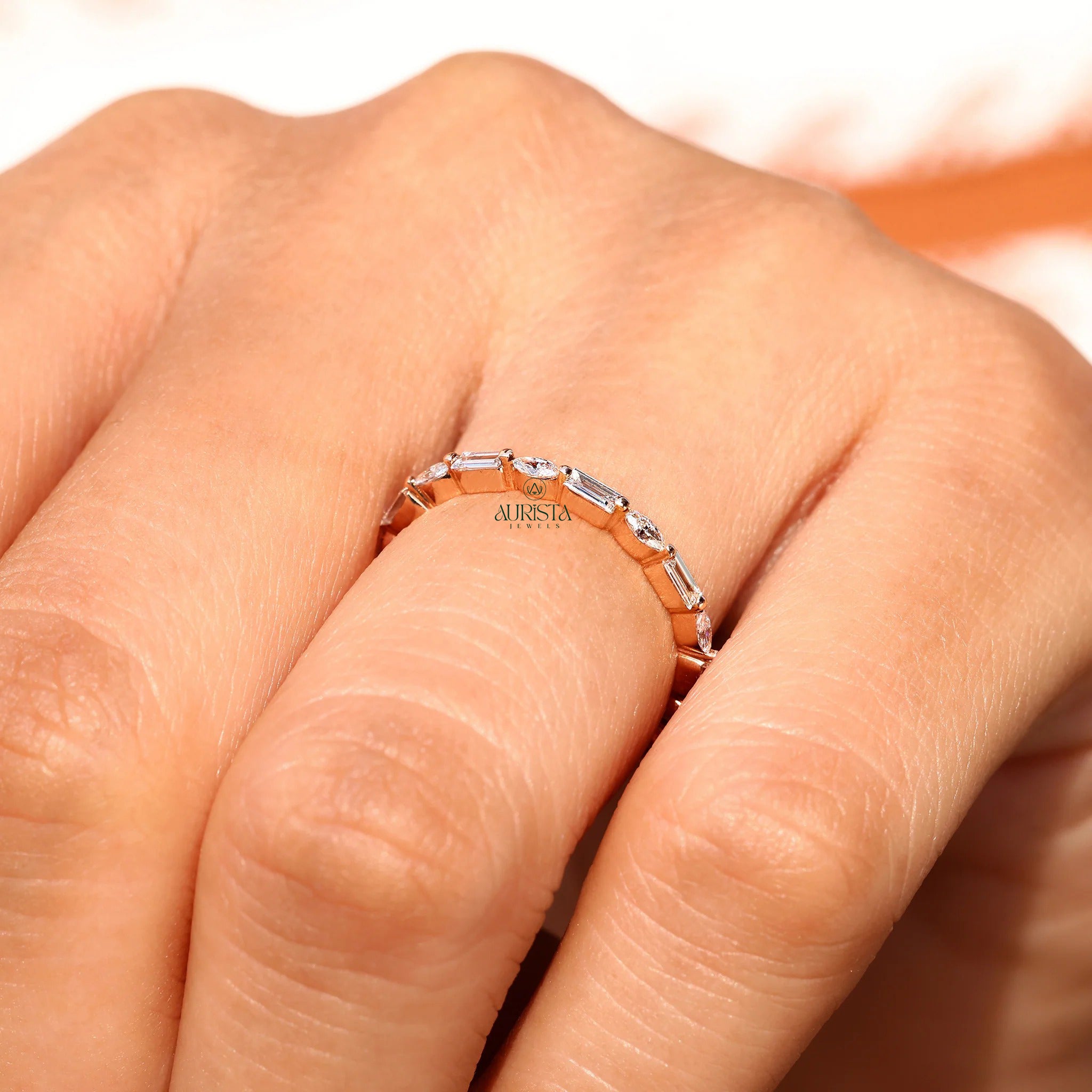 Mixed Cut Moissanite Diamond Band, Marquise & Baguette Gold Stackable Wedding Ring