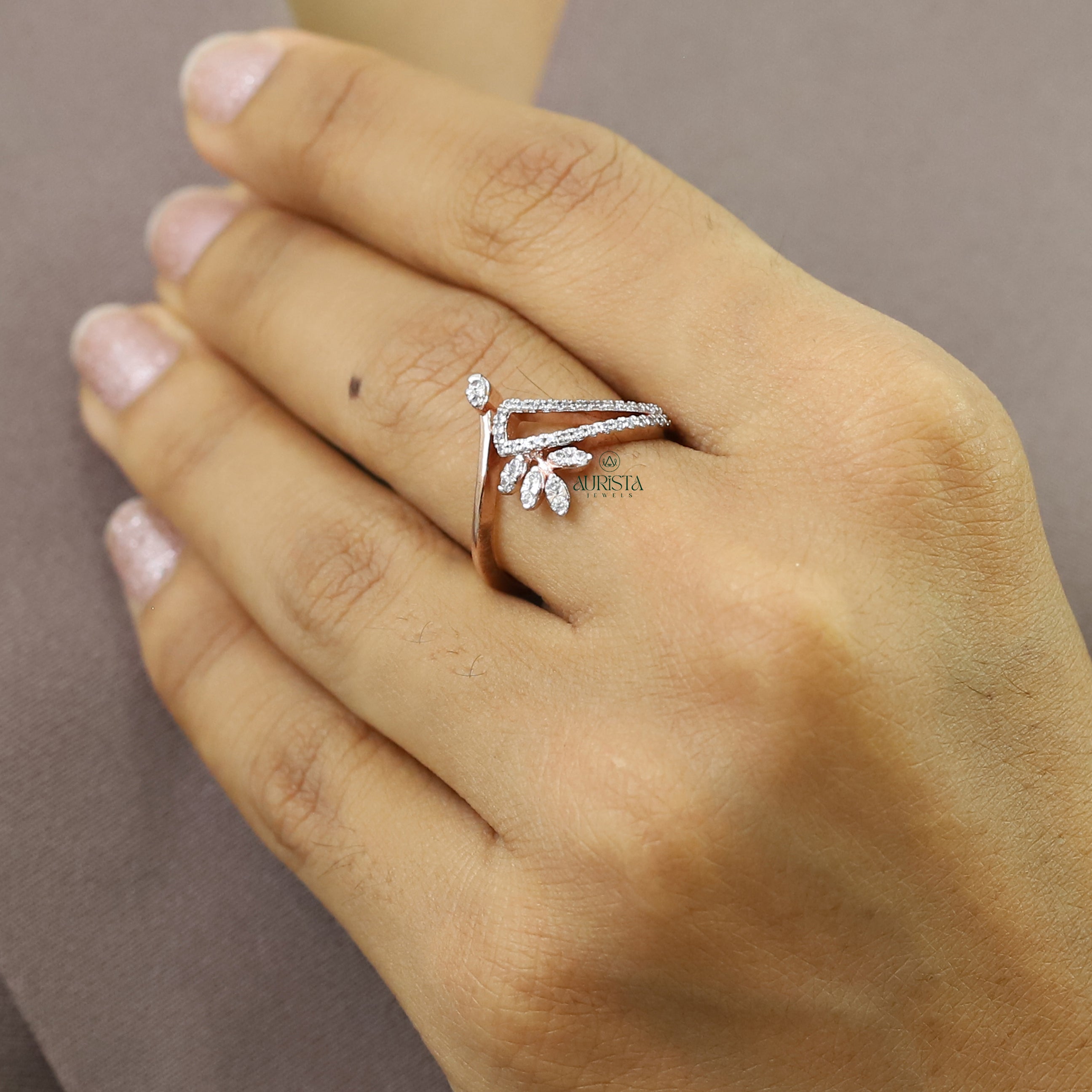 Round Moissanite Leaf Ring, Rose Gold Nature Inspired Statement Ring for Her