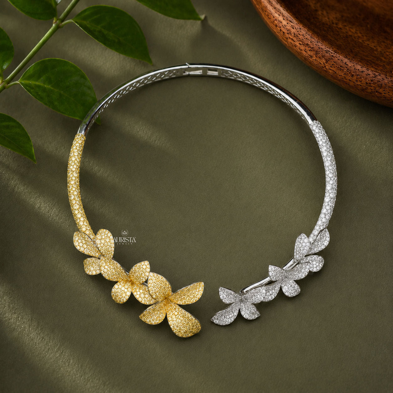 Two Tone Floral Moissanite Choker Set - Yellow & White Gemstone Flower Jewelry