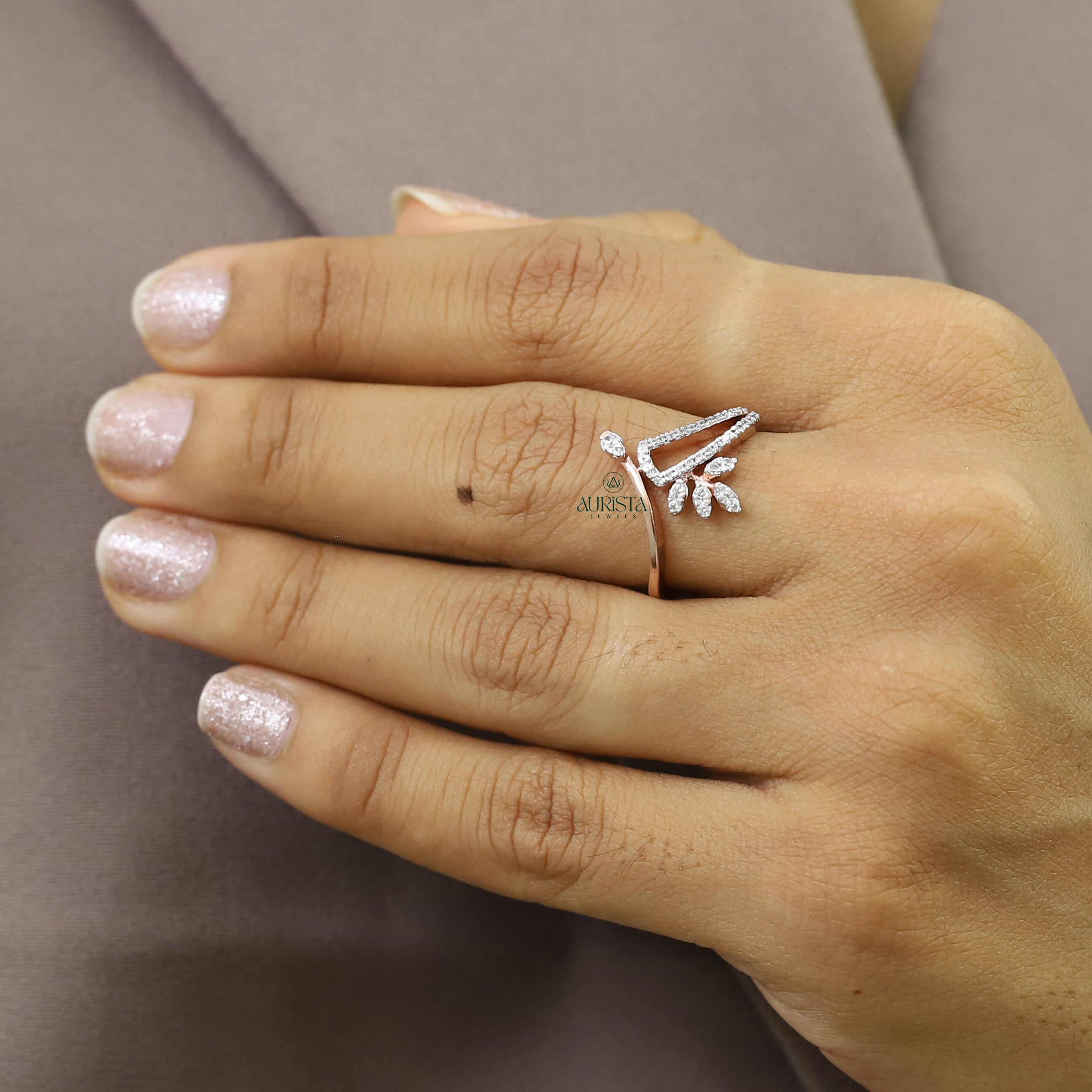 Round Moissanite Leaf Ring, Rose Gold Nature Inspired Statement Ring for Her