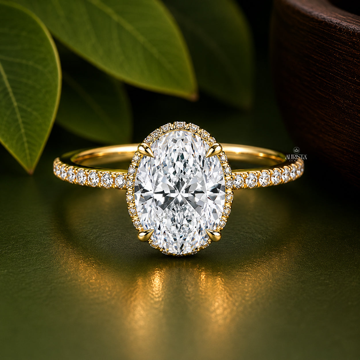 Oval Cut Lab Grown Diamond Halo Ring, Pavé Band Engagement Ring, Solitaire Statement
