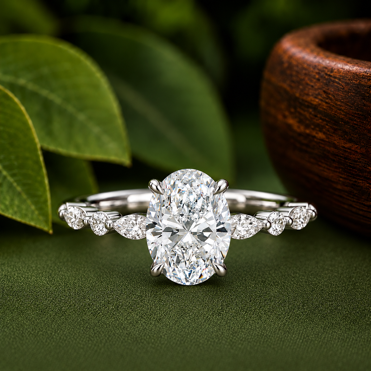 2 CT Oval Lab Grown Diamond Engagement Ring - Delicate Side Stone Platinum Band