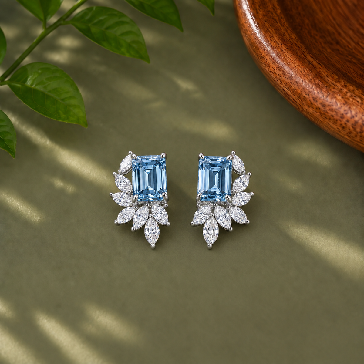 Blue Emerald Cut Cluster Earrings Lab Grown in Diamond Botanical Statement Studs