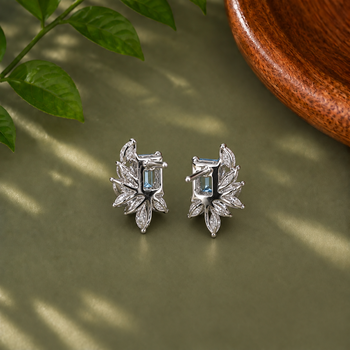 Blue Emerald Cut Cluster Earrings Lab Grown in Diamond Botanical Statement Studs