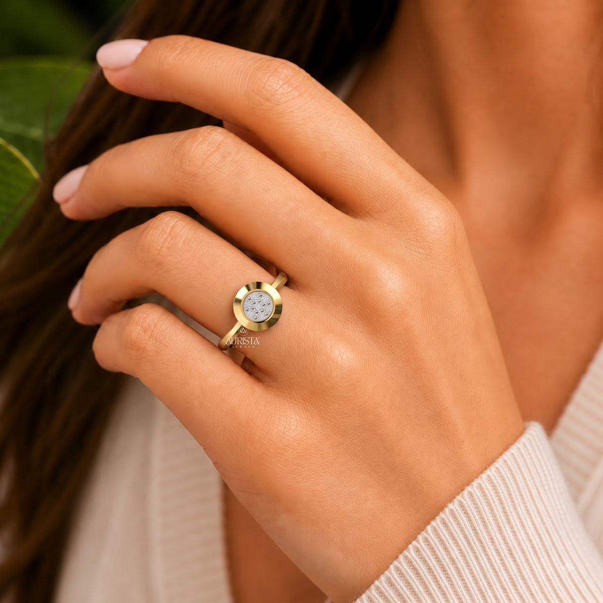 Bezel Set Round Cluster Ring Lab Grown in Diamond Fine Gold Jewelry