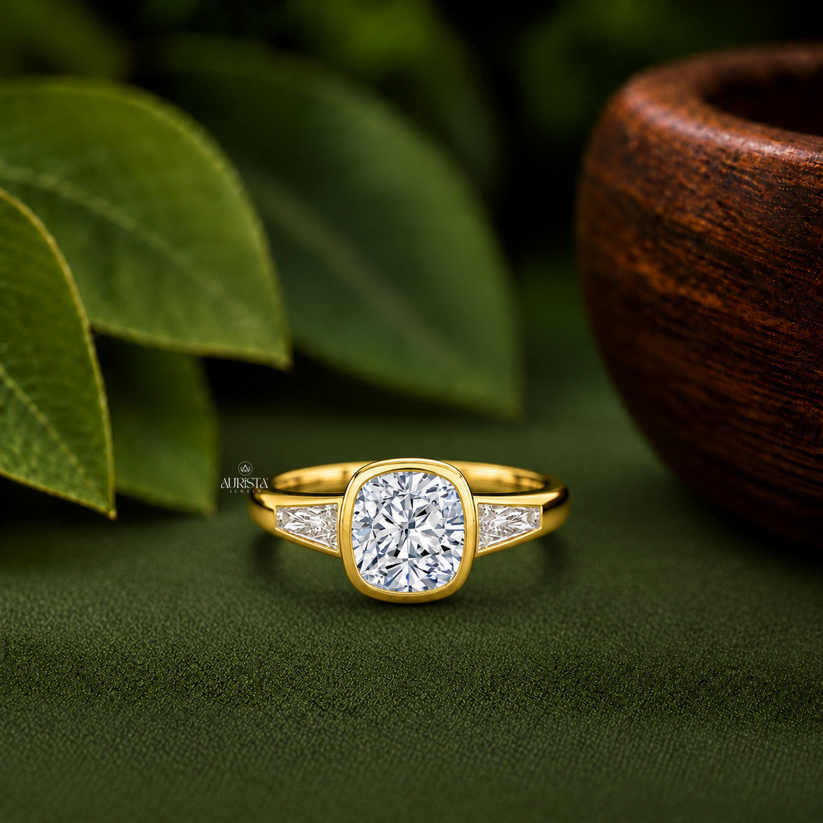 Cushion Lab Grown Diamond Ring, Bezel Set Yellow Gold With Baguette Side Stones