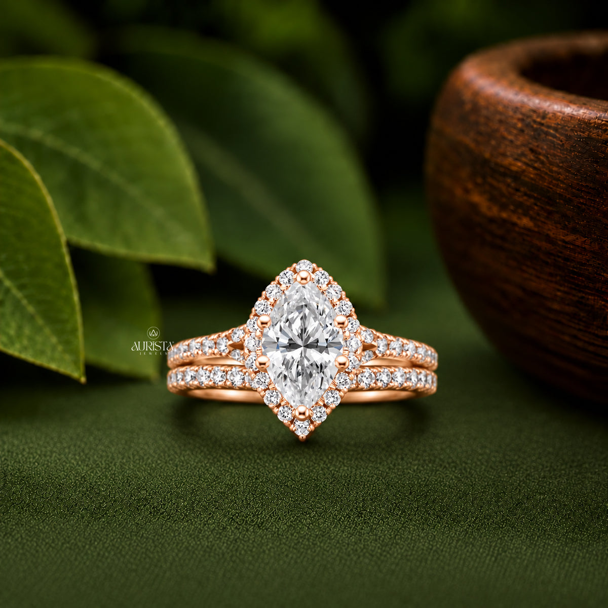 2.00 Carats Marquise Shape Lab Grown Diamond Ring Set, Halo Split Shank Bridal Ring Set