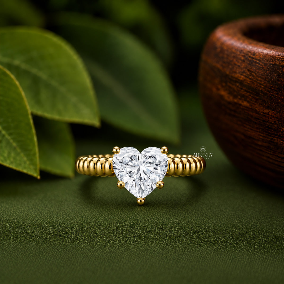 Heart Shape Lab Grown Diamond Ring, Unique Ribbed Dome Yellow Gold Band Solitaire