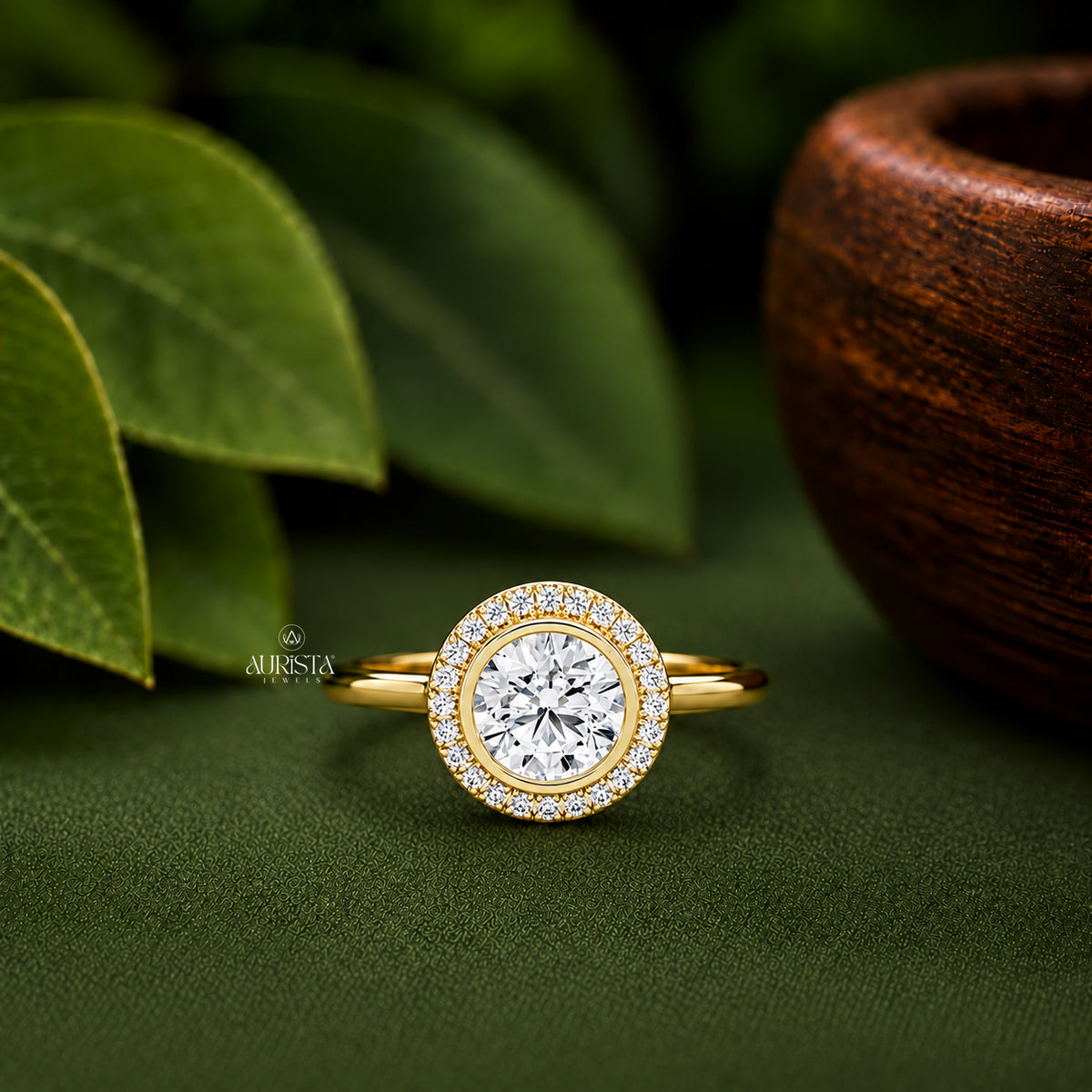 Round Lab Grown Diamond Ring, Bezel Halo Setting Band Unique Bridal Jewelry