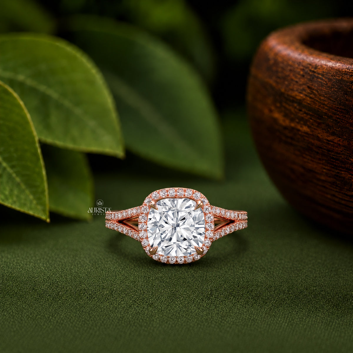Cushion Lab Grown Diamond Ring, Rose Gold Split Shank Halo With Round Side Stones