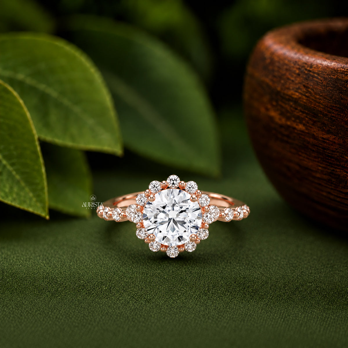 Round Shape Lab Grown Diamond Ring, Floral Halo Bubble Pave Band Anniversary Gift