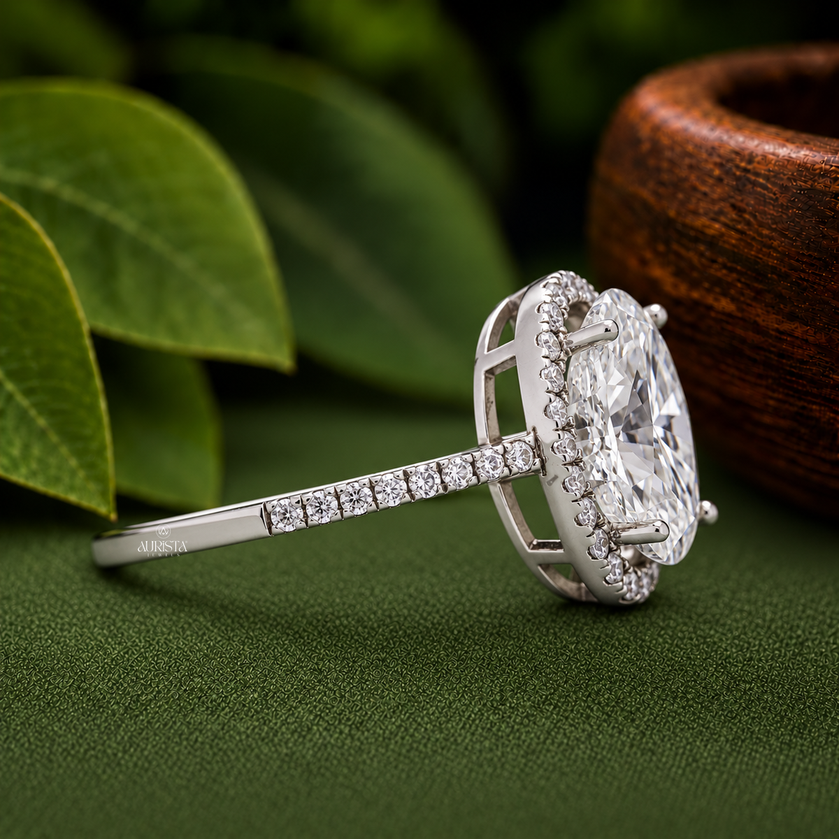 Oval Cut Lab Grown Diamond Halo Engagement Ring, Pavé Wedding Band