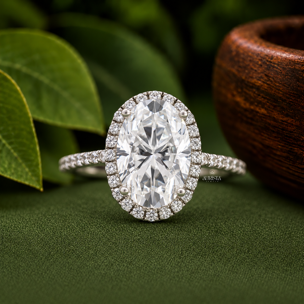 Oval Cut Lab Grown Diamond Halo Engagement Ring, Pavé Wedding Band