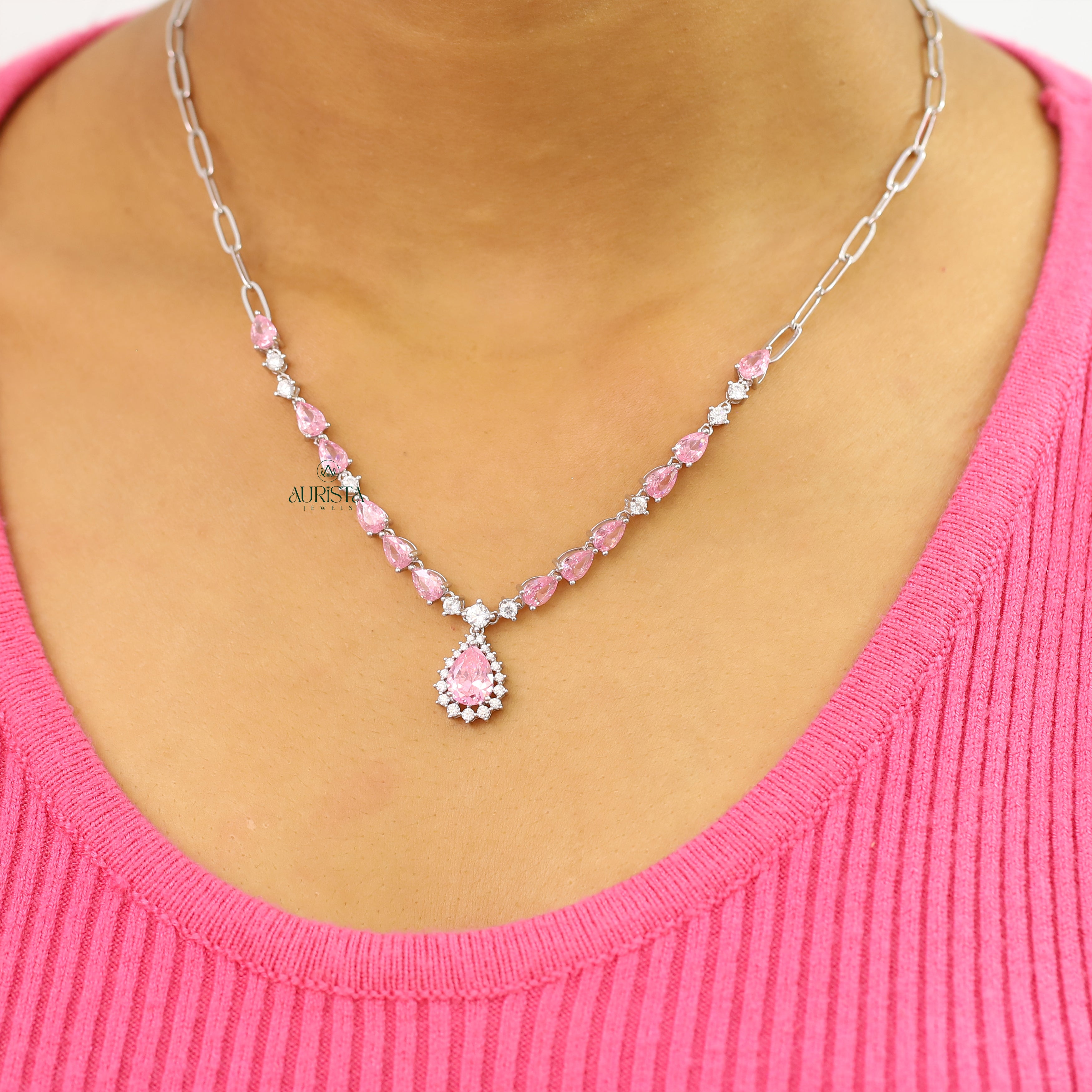 Unique Pink Pear Cut Drop Necklace Statement Moissanite Jewelry Elegant Gift For Her