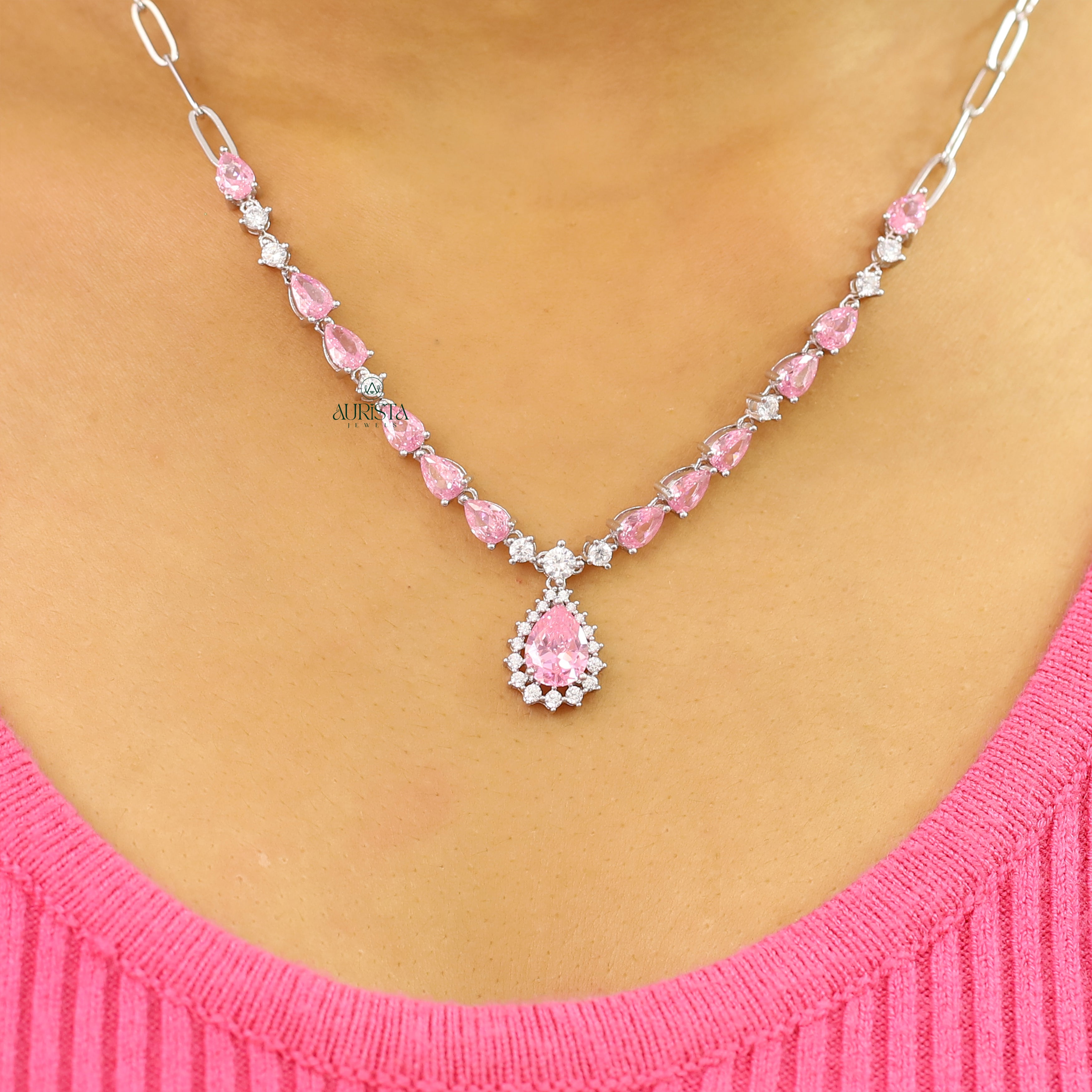Unique Pink Pear Cut Drop Necklace Statement Moissanite Jewelry Elegant Gift For Her