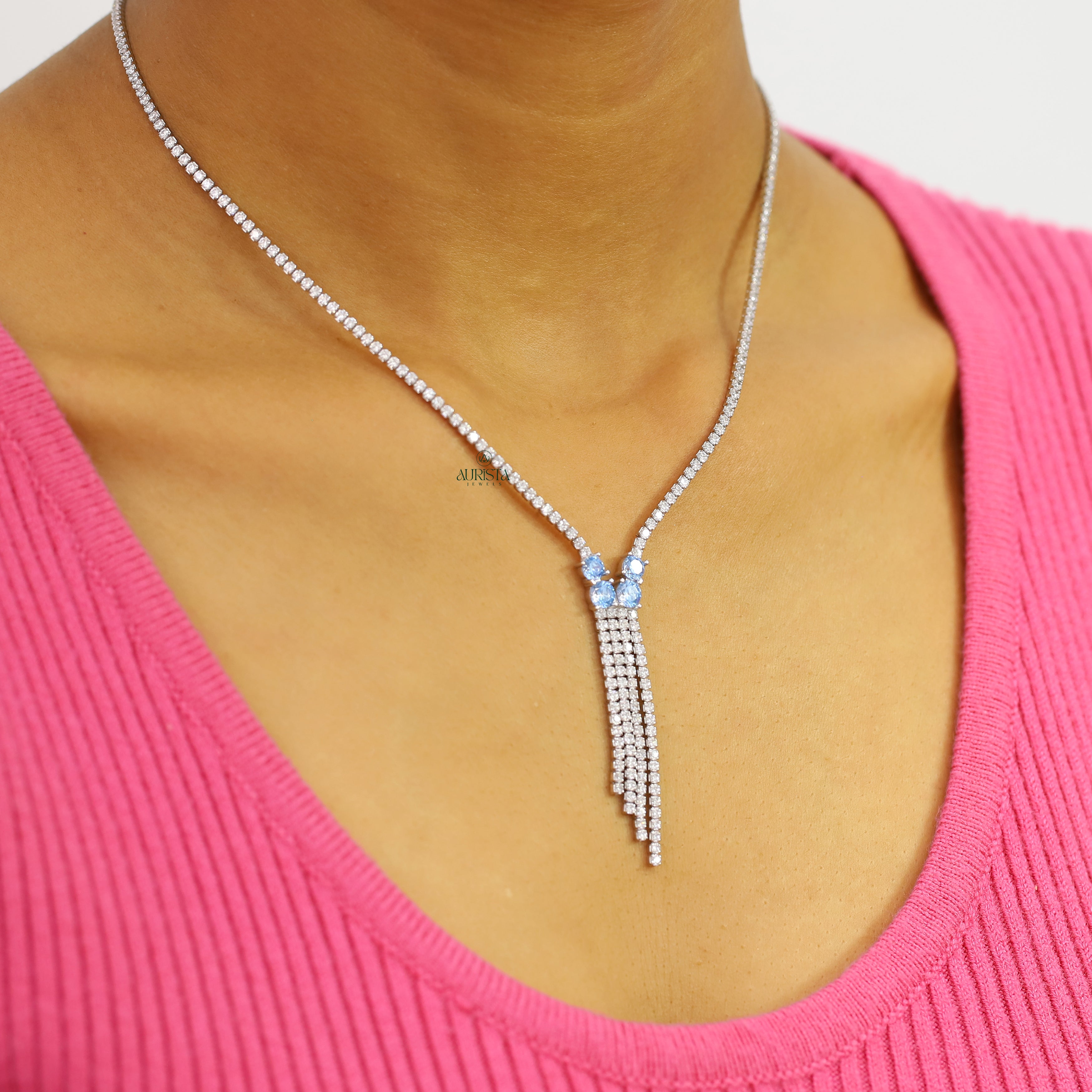 Round Cut Moissanite Tassel Necklace Elegant Statement Jewelry Bridal Gift For Her