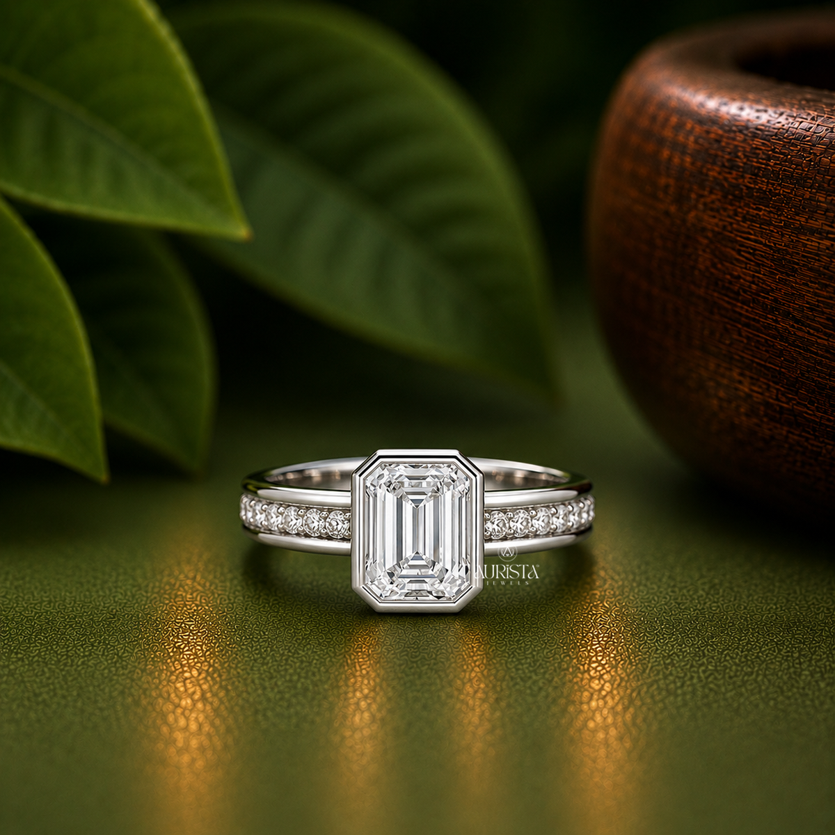 Emerald Shape Lab Grown Diamond Ring, Bezel Setting Channel Pave Band White Gold