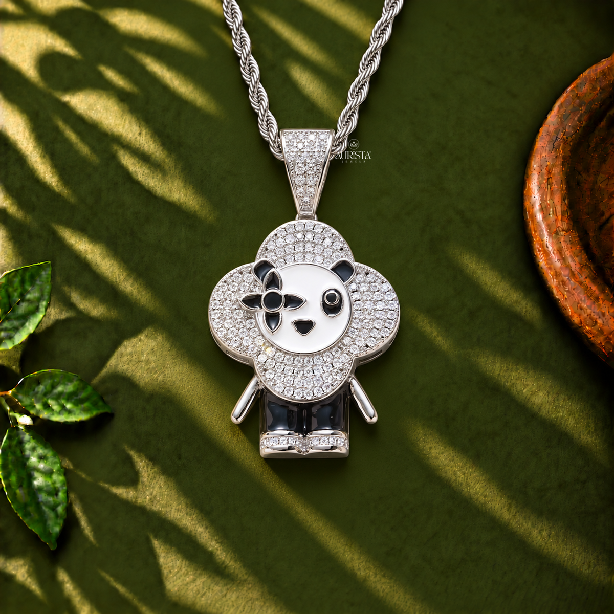 Flower Character Panda Pendant Moissanite in Diamond Silver Hip Hop Fine Jewelry