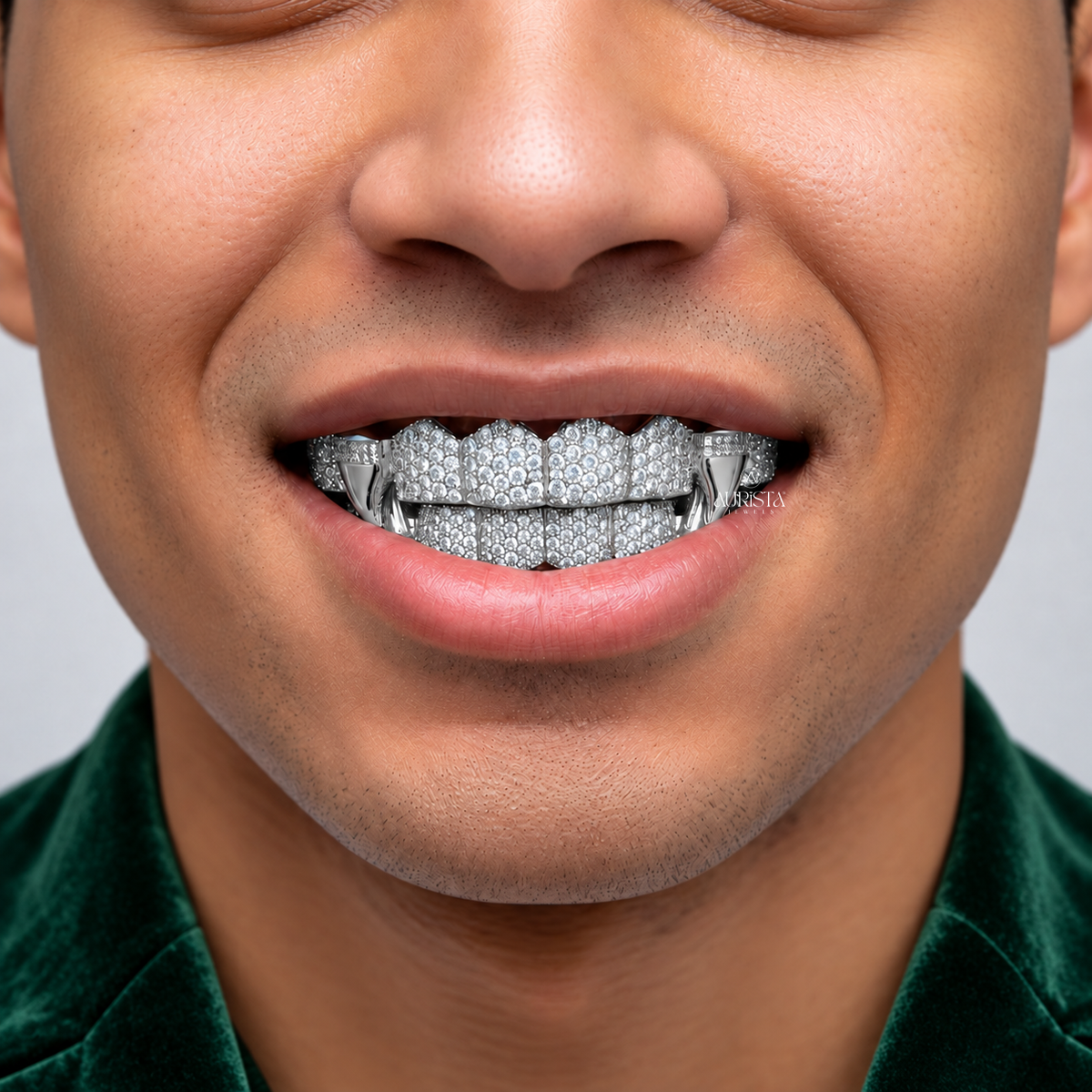 Custom Fangs Dental Grillz Set Moissanite in Diamond Luxury Hip Hop Jewelry