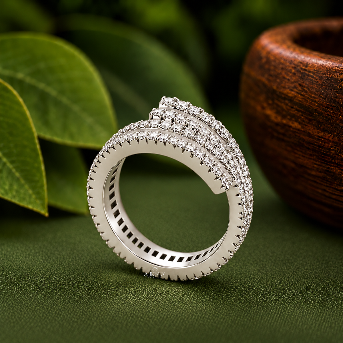 Multi Row Spiral Bypass Ring with Baguettes Moissanite in Diamond Luxury Band