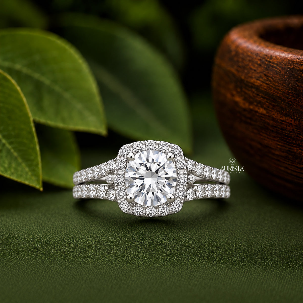 Round Lab Grown Diamond Ring Set, Cushion Halo Split Shank White Gold Side Stones