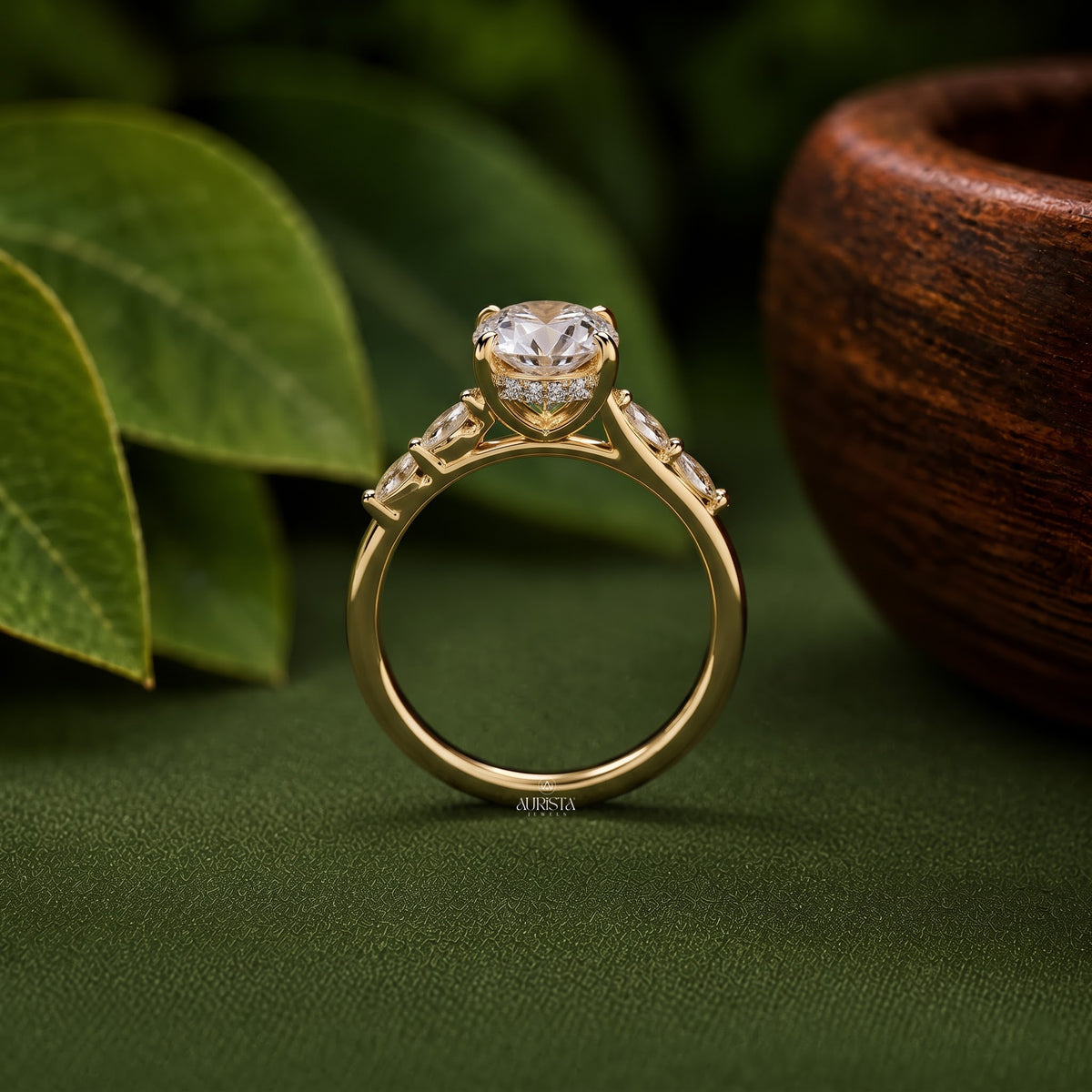 Oval Cut Side Stone Engagement Ring Lab Grown in Diamond Gold Fine Jewelry