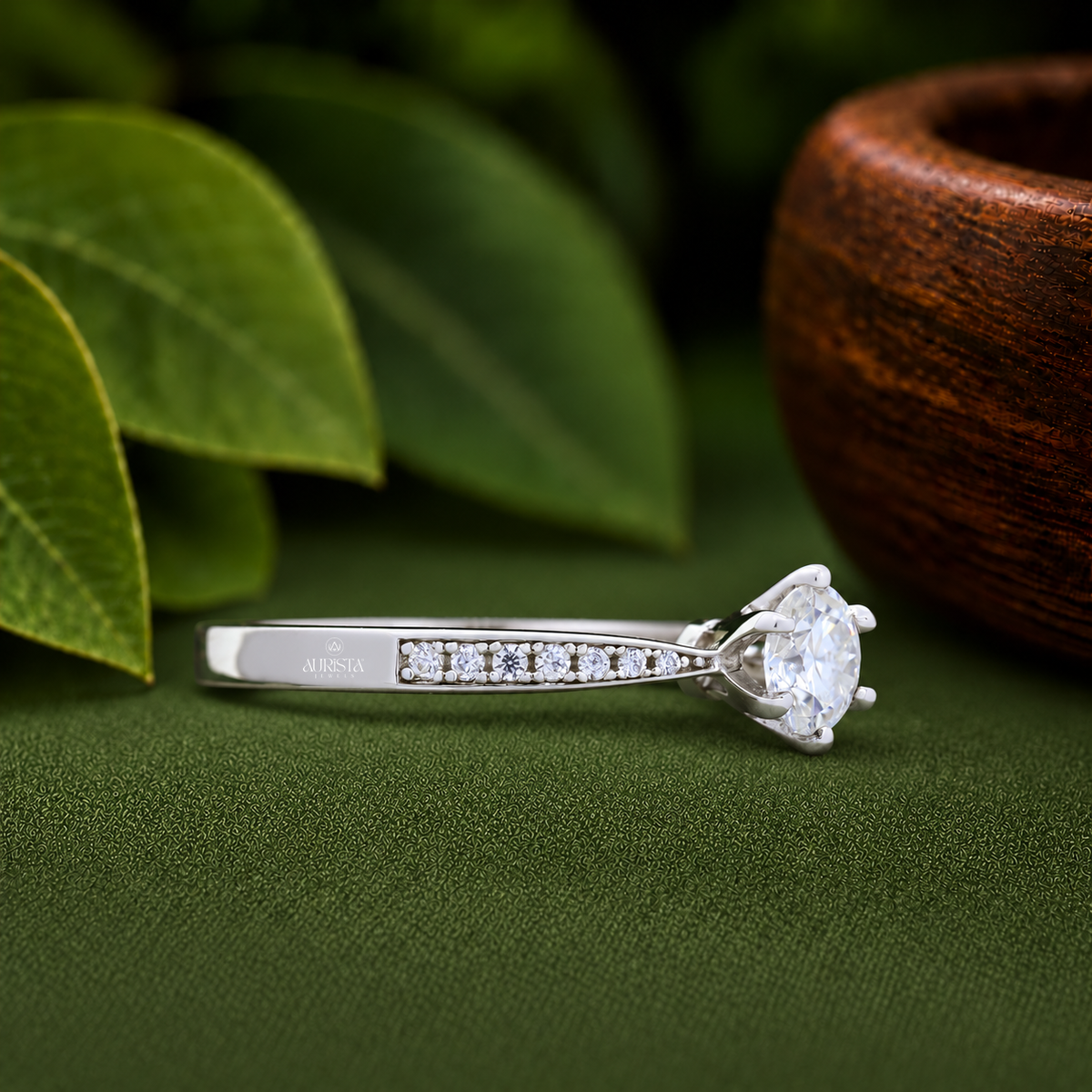 Round Cut Lab Grown Diamond ,  Side Stone,White Gold, Engagement Ring