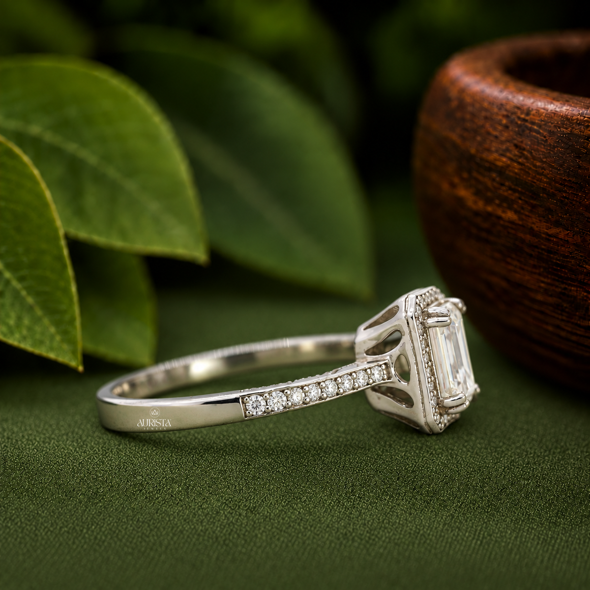 Emerald Cut Lab Grown Diamond Halo Engagement Ring in 14k White Gold