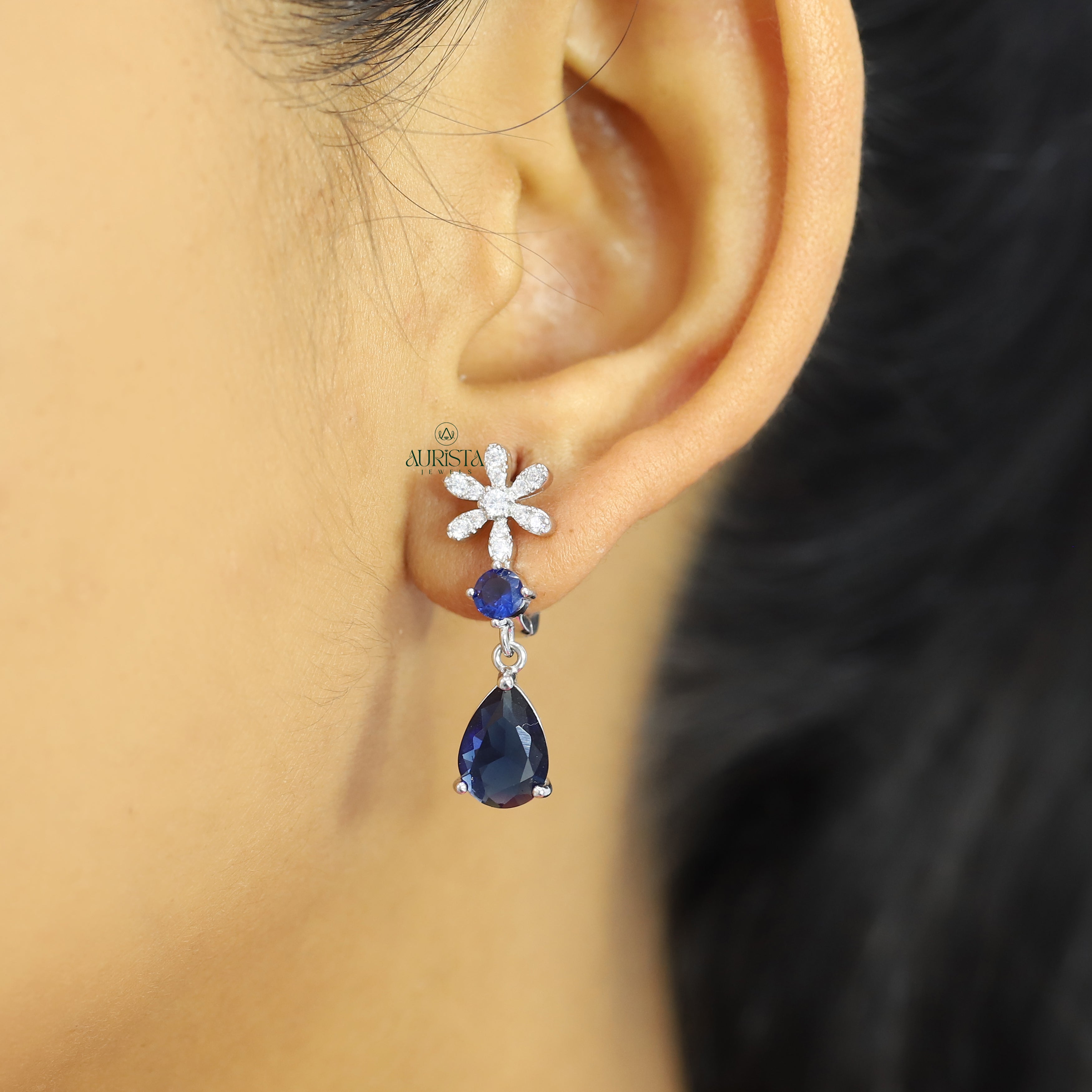 Blue Pear Cut Floral Necklace Moissanite Statement Jewelry Bridal Gift For Her